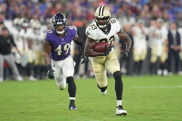 New Orleans Saints tight end Juwan Johnson (83) makes a catch against the Baltimore Ravens. Mandatory Credit: Mitch Stringer-USA TODAY